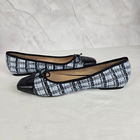 LOFT Size 7.5M Blue Plaid Tweed and Black Leather Ballet Flats Bow Accent - Picture 6 of 12